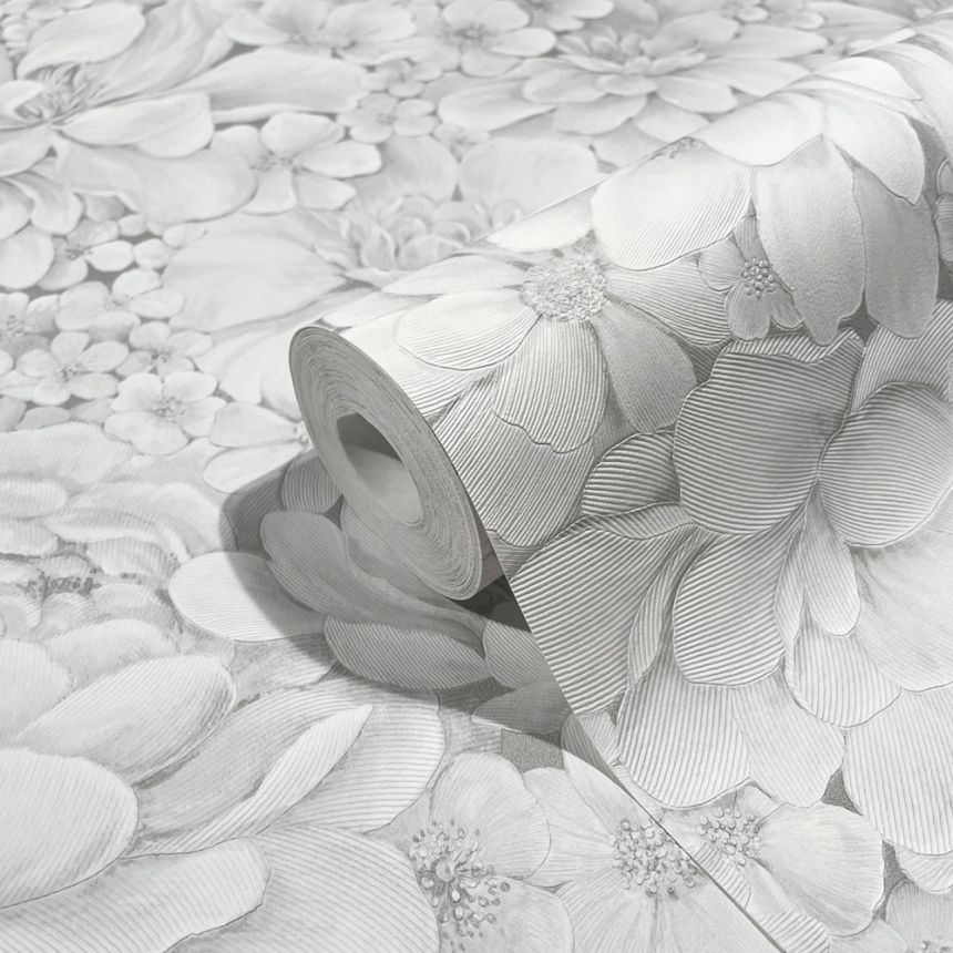 Grau-weiße Luxustapete mit Blumen 33952, Botanica, Marburg