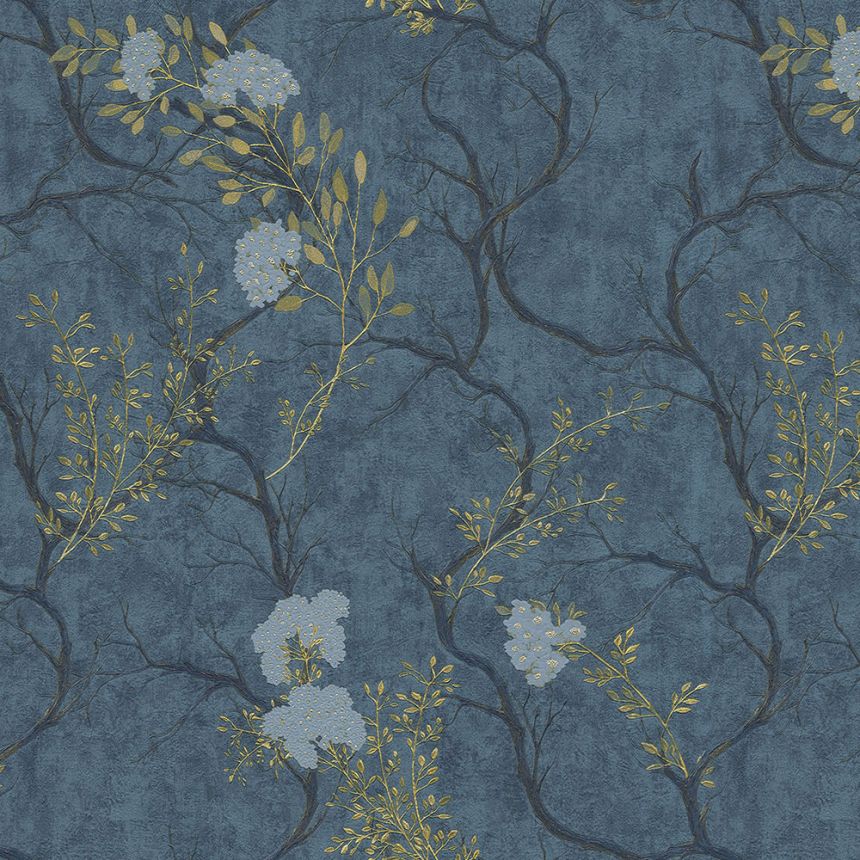 Blaue Luxustapete mit Zweigen und Blüten 72959, Zen, Emiliana Parati 