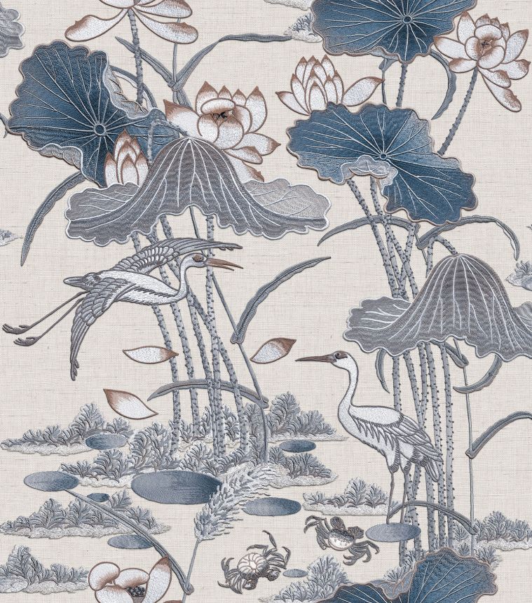 Luxuriöse graublaue Tapete mit Seerosen und Vögeln, TP422702, Tapestry, Design ID