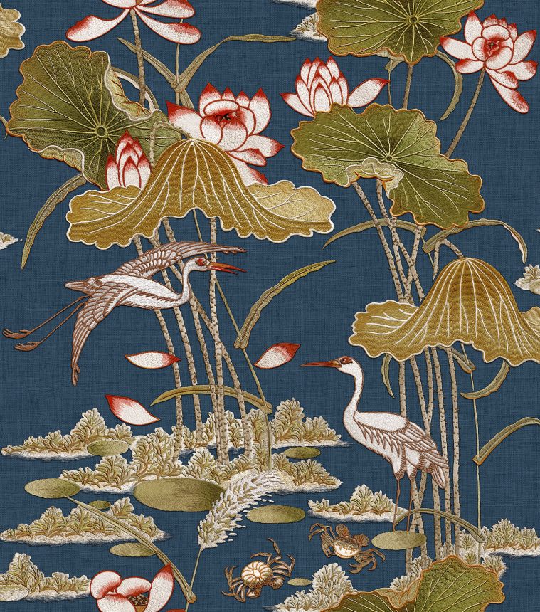 Luxuriöse blaue Tapete mit Seerosen und Vögeln, TP422705, Tapestry, Design ID