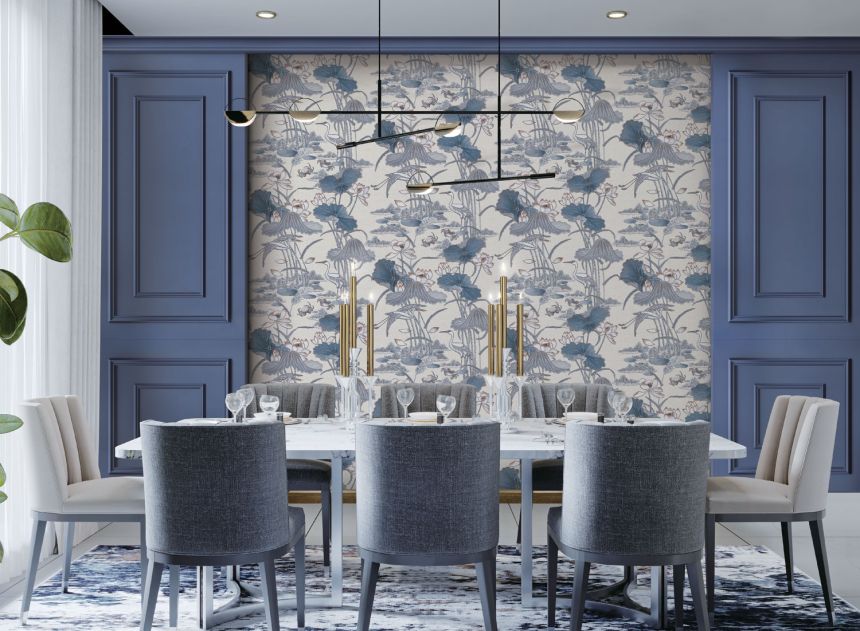 Luxuriöse blaue Tapete mit Seerosen und Vögeln, TP422705, Tapestry, Design ID