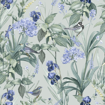 Blaue Tapete mit Blumen und Vögeln, M64714, Botanique, Ugepa