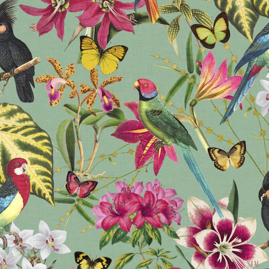Grüne Tapete mit Blumen, Papageien und Schmetterlingen, 118618, Envy