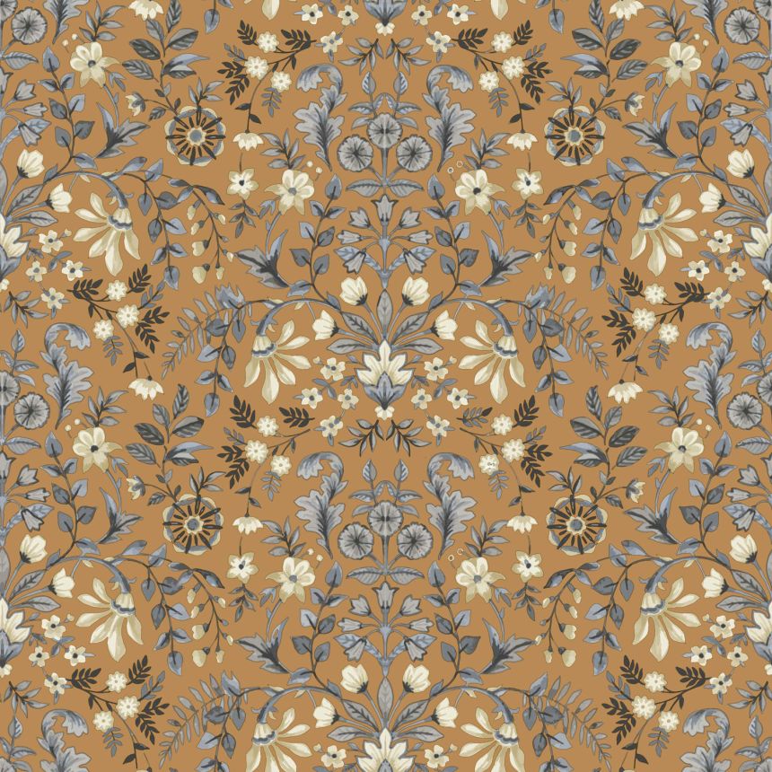 Dunkle ockerfarbene Tapete mit floralem Ornamentmuster, 12327, Fiori Country, Parato