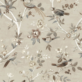 Braun-beige Tapete mit Blumen und Vögeln, 28843, Thema, Cristiana Masi by Parato