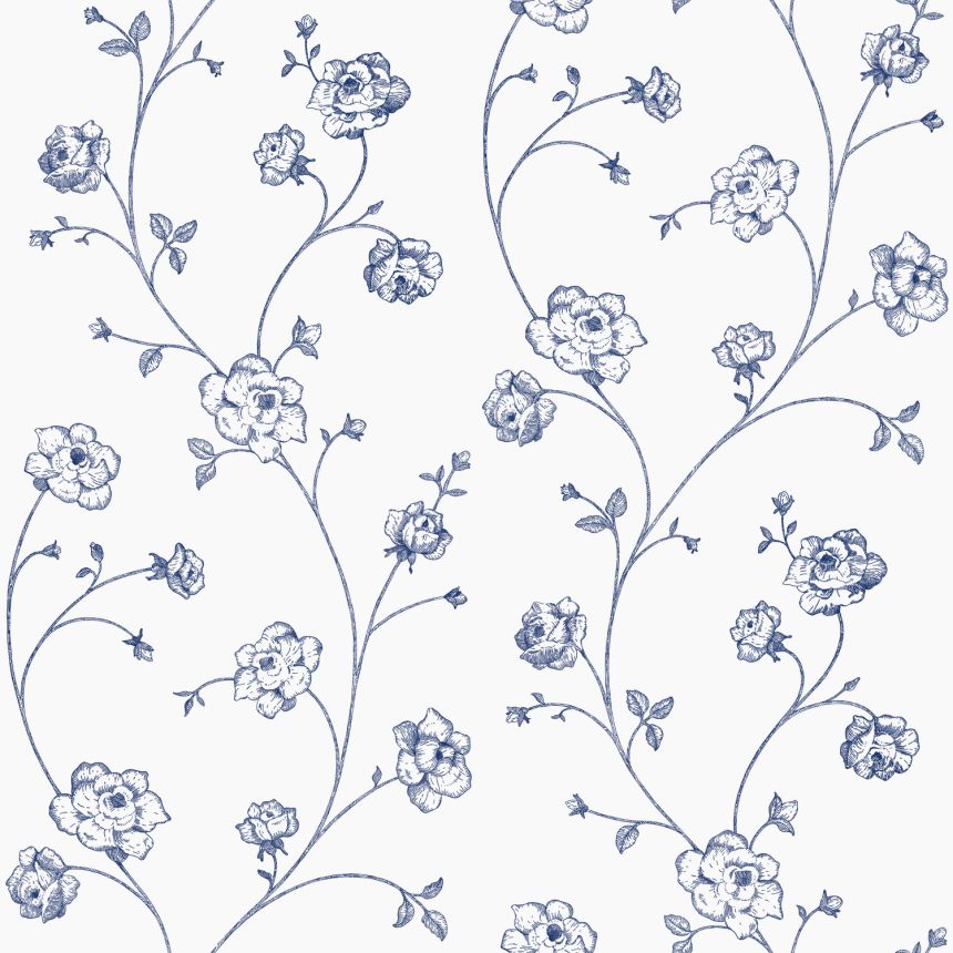 Weiß-blaue florale Vliestapete, 139300, Vintage Flowers, Esta Home