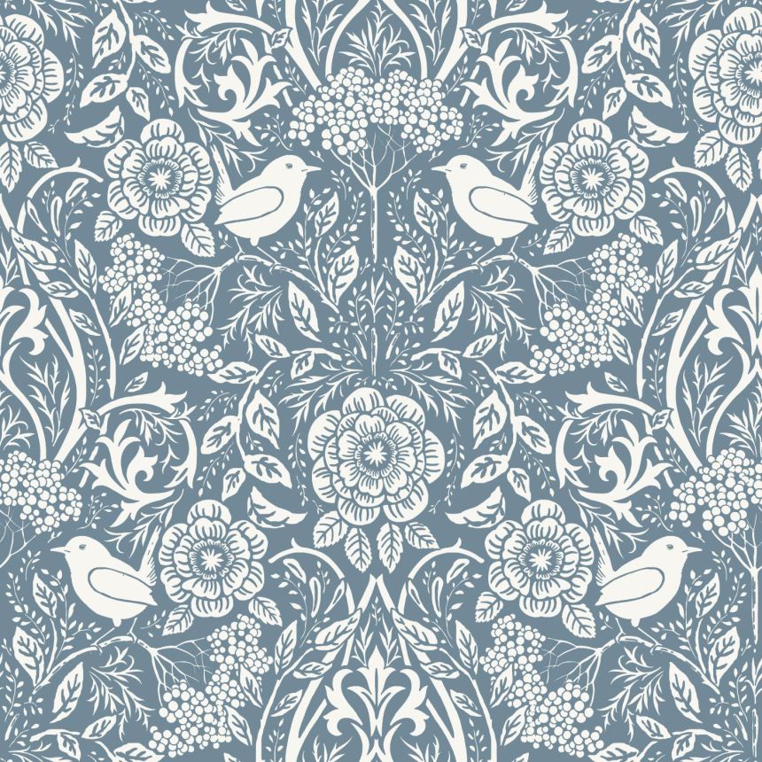 Blaue Tapete mit Pflanzen und Vögeln, 139477, Vintage Flowers, Esta Home