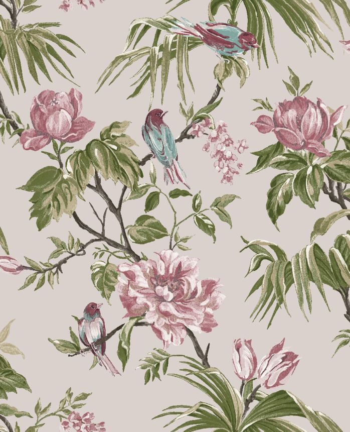 Romantische rosa Tapete mit Blumen und Vögeln, 118255, Next