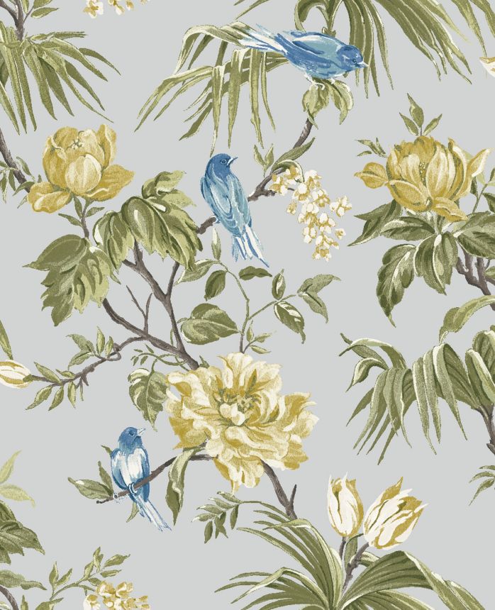 Romantische graue Tapete mit Blumen und Vögeln, 118257, Next