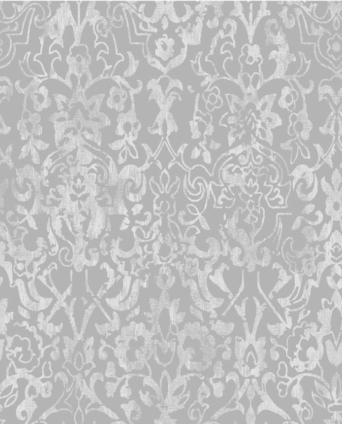 Grau-silberne Tapete, barockes Damastmuster, 118293, Next