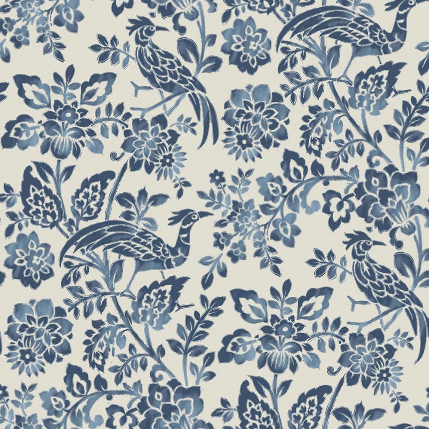 Blau-weiße Vliestapete mit Blumen und Vögeln, 121067, Laura Ashley 3