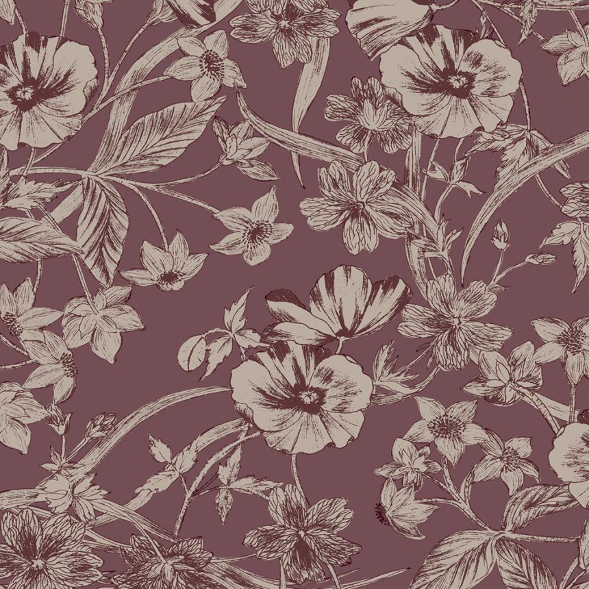 Brombeerfarbene Vliestapete, metallische Blumen, 121086, Laura Ashley 3