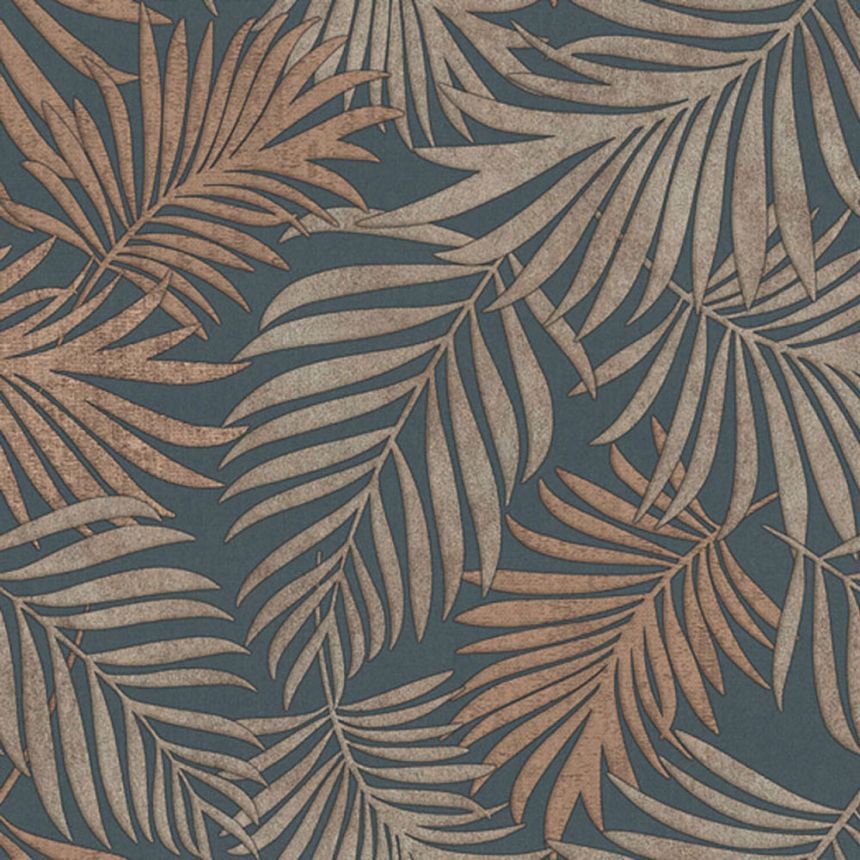 Luxuriöse blau-bronzefarbene Tapete mit Blättern, 07509, Makalle II, Limonta