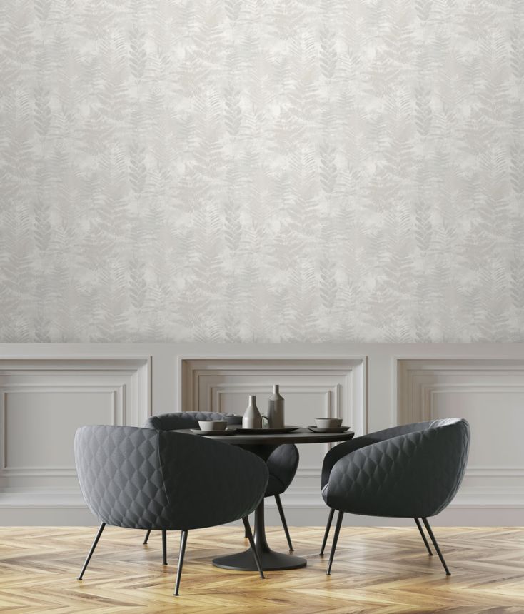 Grau-beige Vliestapete mit Blättern, RE25150, Reflect, Decoprint