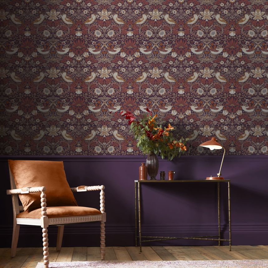 Vliestapete, lila, Blumen, Vögel, 124229, William Morris At Home