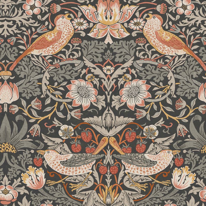 Vliestapete, grau-schwarz, Blumen, Vögel, 124230, William Morris At Home