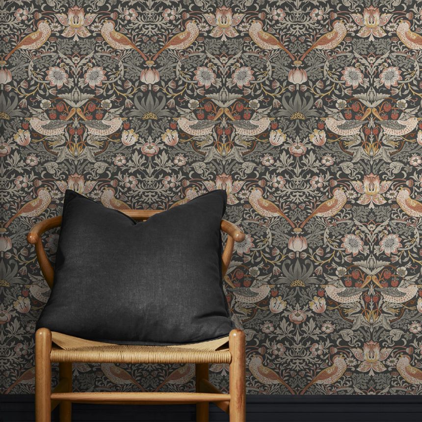 Vliestapete, grau-schwarz, Blumen, Vögel, 124230, William Morris At Home