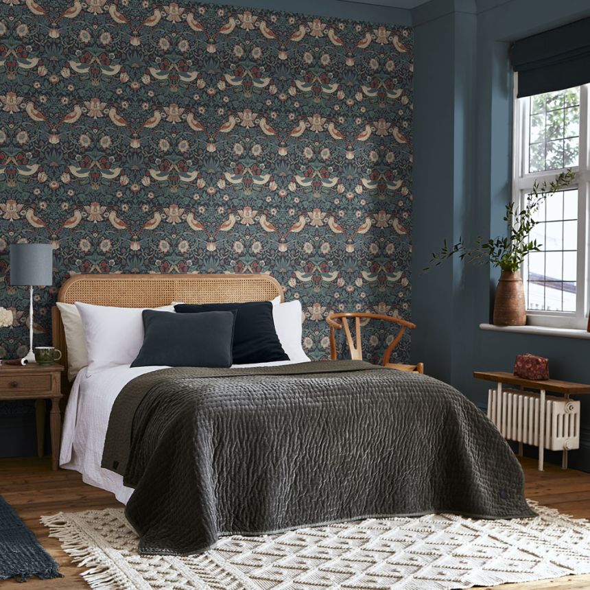 Vliestapete, blau, Blumen, Vögel, 124231, William Morris At Home