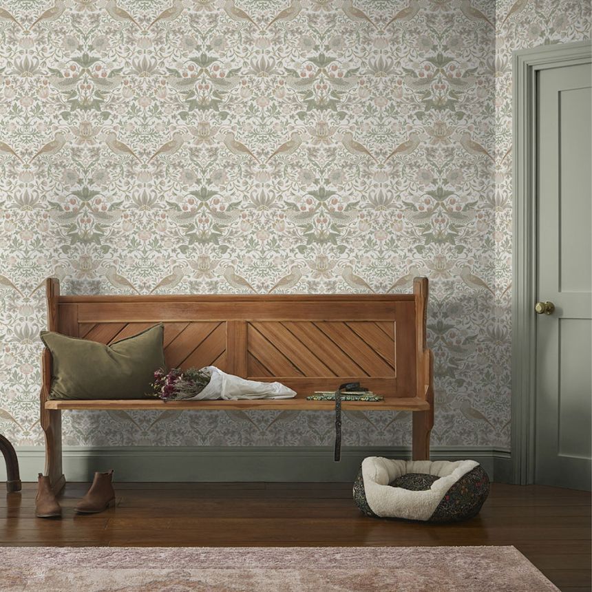 Vliestapete, grün-rosa, Blumen, Vögel, 124233, William Morris At Home