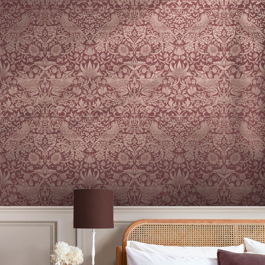 Vliestapete, Burgunderrot, Blumen, Vögel, 124235, William Morris At Home