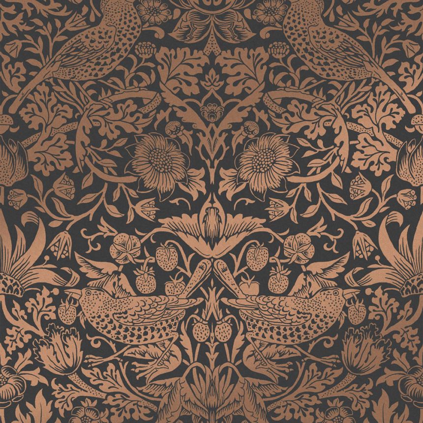 Vliestapete, schwarz-bronze, Blumen, Vögel, 124236, William Morris At Home
