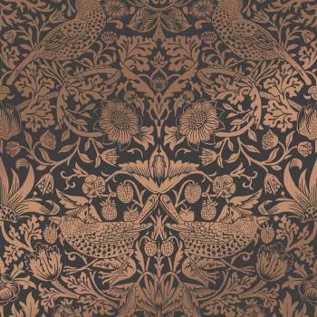 Vliestapete, schwarz-bronze, Blumen, Vögel, 124236, William Morris At Home