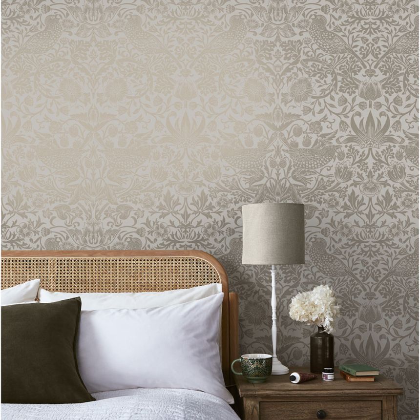 Vliestapete, graubeige, Blumen, Vögel, 124238, William Morris At Home
