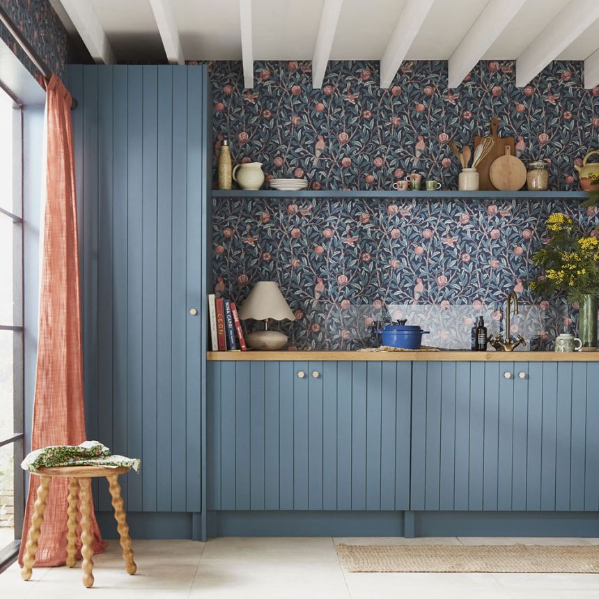 Vliestapete, blau, Zweige, Vögel, 124259, William Morris At Home