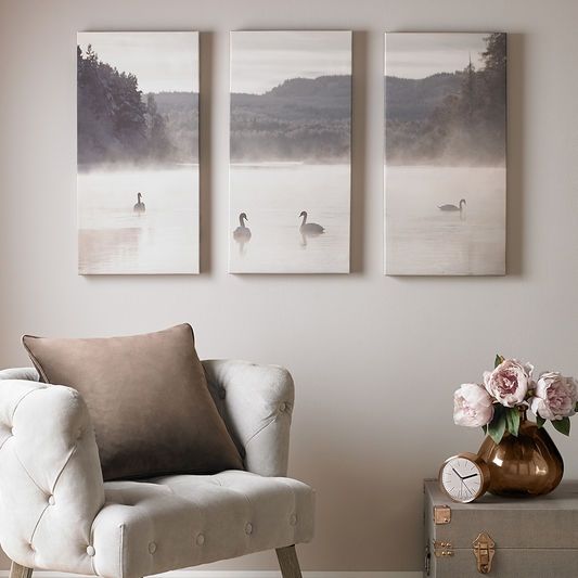 3-pieces set of frameless pictures 105382, Swan Lakeside, Swans on the Lake, Wall Art, Graham & Brown