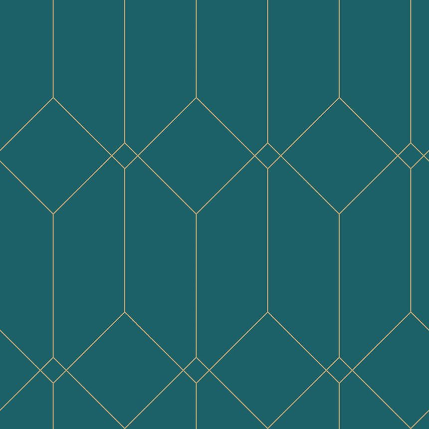Türkisfarbene geometrische Vliestapete, goldene Linien 139224, Art Deco, Esta