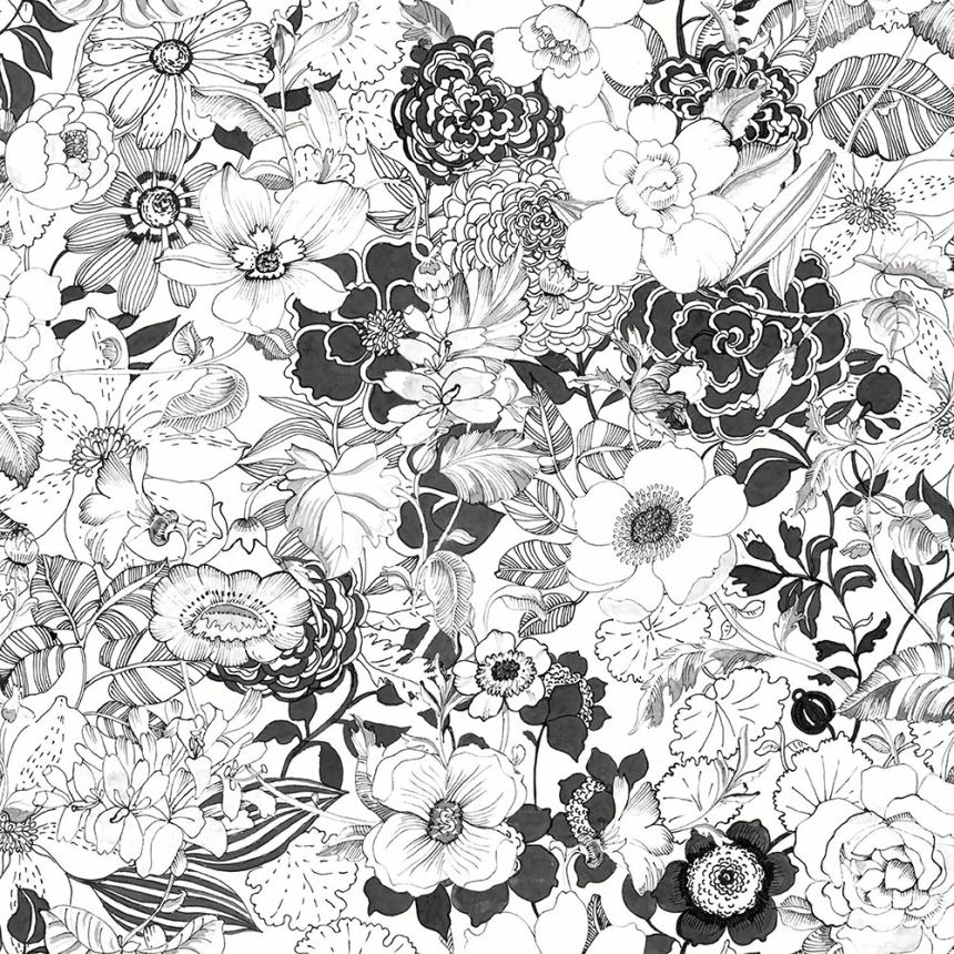 Schwarz-weiße Vliestapete für die Wand Blumen 138503, Black & White, Esta