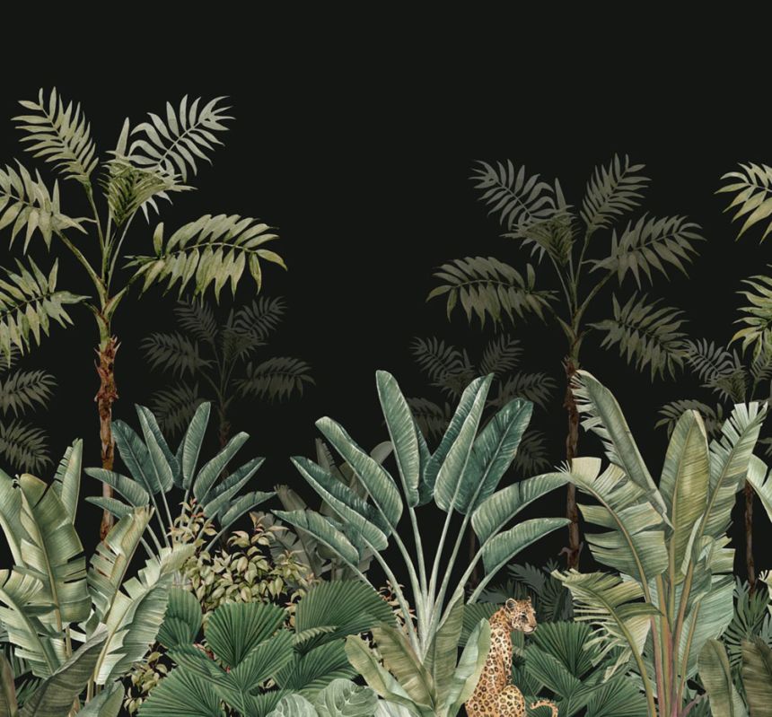 Fototapete - Dschungel, Palmen, tropische Blätter, Leopard, Tapete Wandbilder  158950, 300x279cm, Paradise, Esta