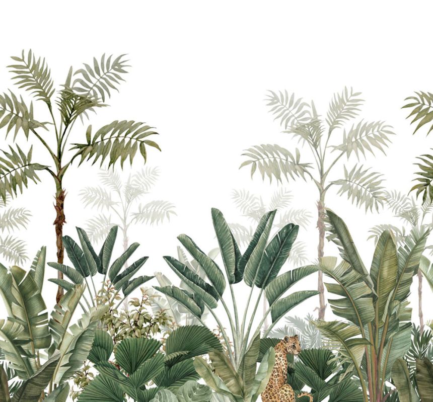Fototapete - Dschungel, Palmen, tropische Blätter, Leopard, Tapete Wandbilder 158951, 300x279cm, Paradise, Esta