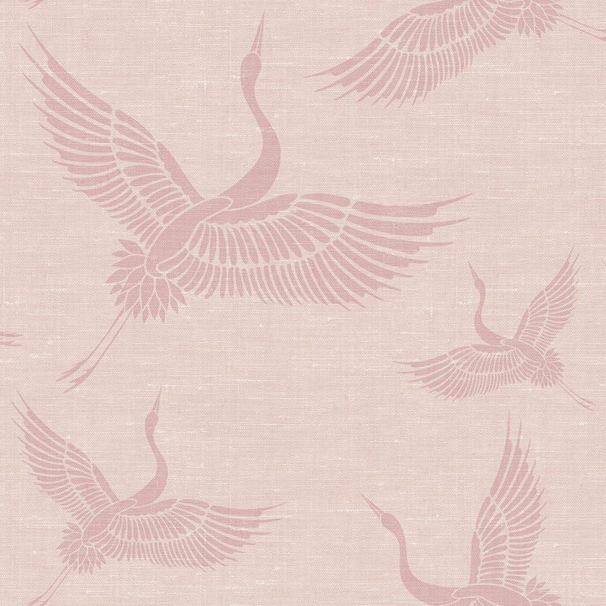 Rosa Tapete - Vögel, Kraniche - Stoff Textur, Vliestapete 347757, Natural Fabrics, Origin