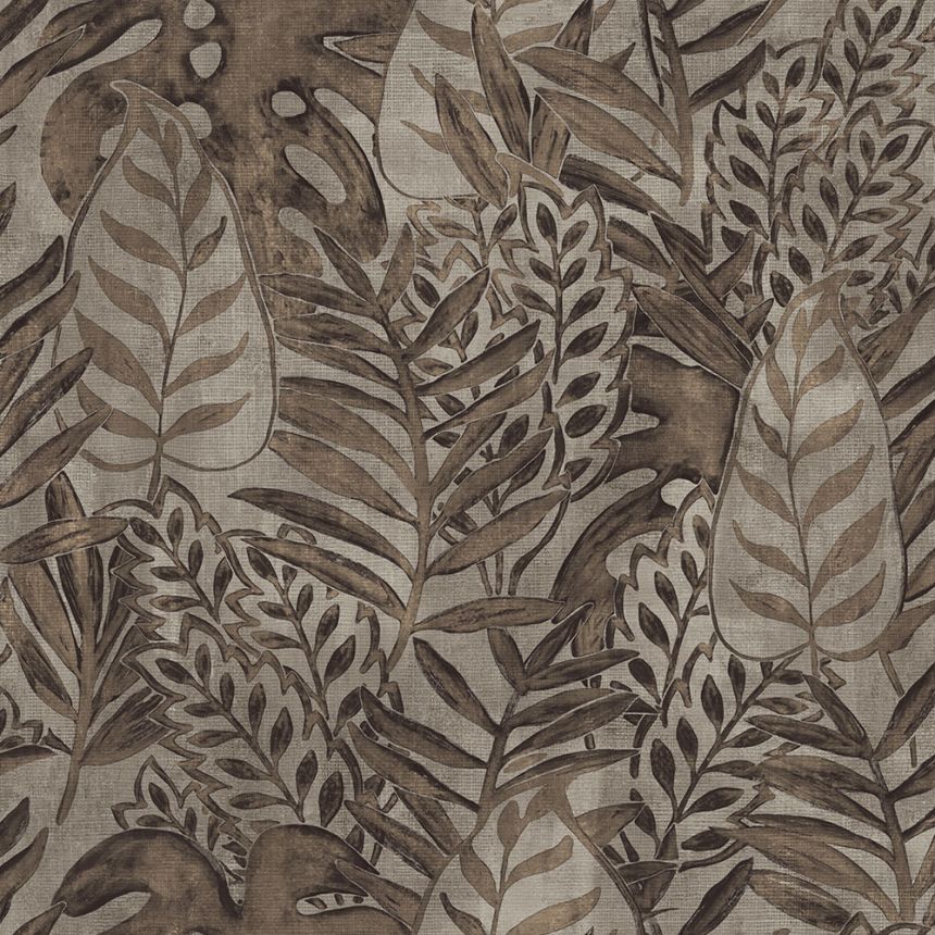 Graubraune Tapete, Blätter, Textilstruktur TA25062 Tahiti, Decoprint