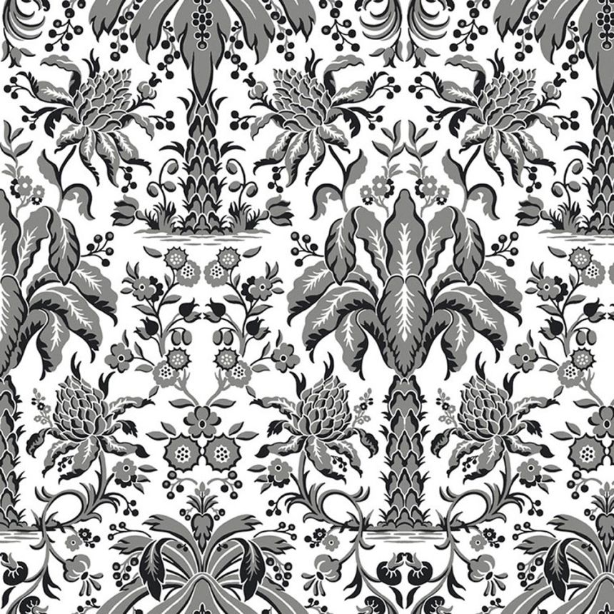 Grau-schwarze Papiertapete -Ornamente, Palmen DM5014, Damask, York