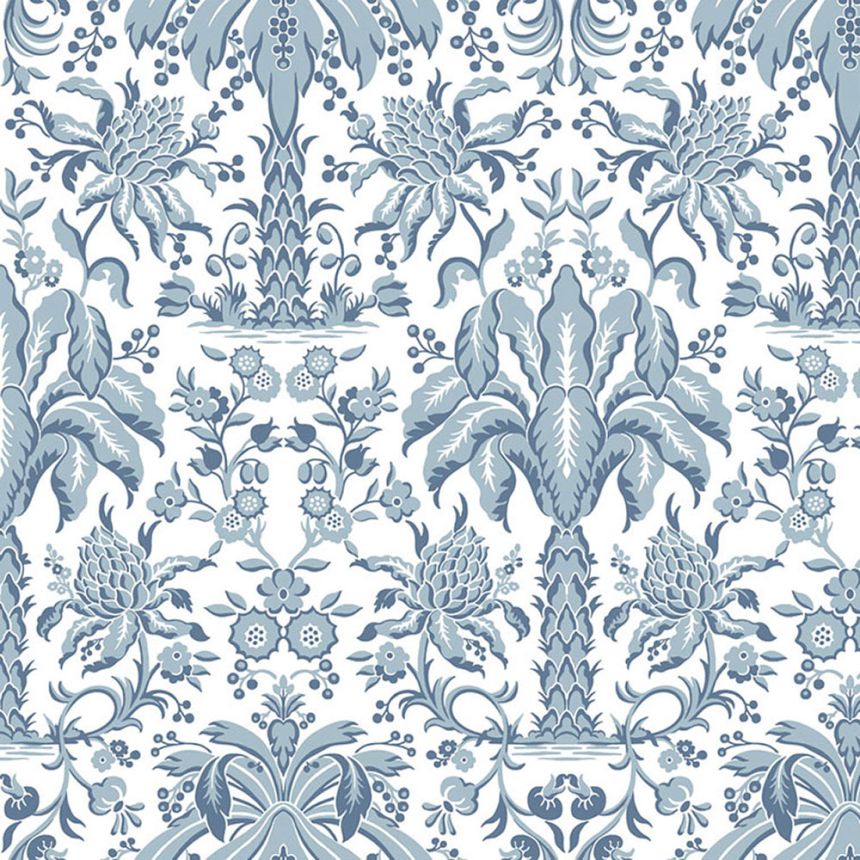 Blaue Papiertapete - Ornamente, Palmen DM5012, Damask, York