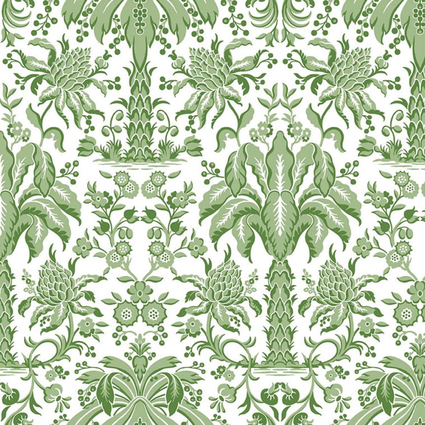 Grüne Papiertapete - Ornamente, Palmen DM5011, Damask, York