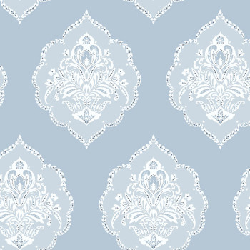 Hellblaue vorgeklebte Barocktapete DM4985, Damask, York