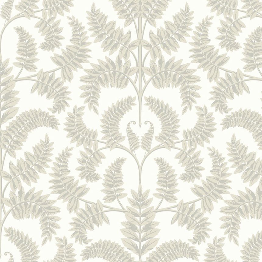 Weiße, vorgeklebte Tapete, grau-beige Blätter DM4963, Damask, York